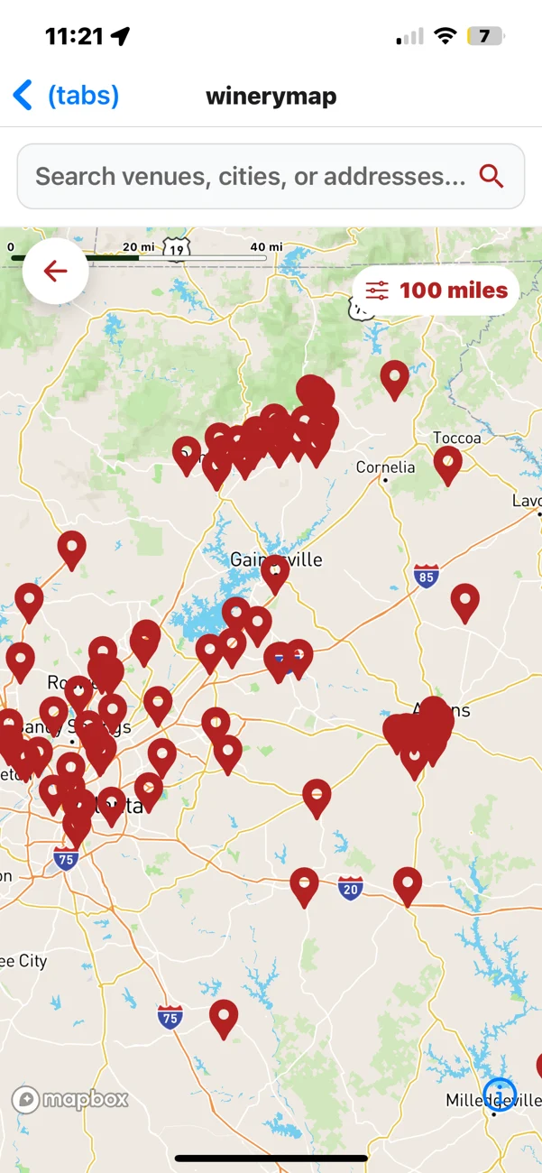 The Wine App map of Georgia winery locations