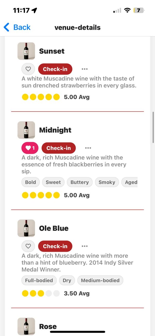 The Wine App winery wine-menu screen