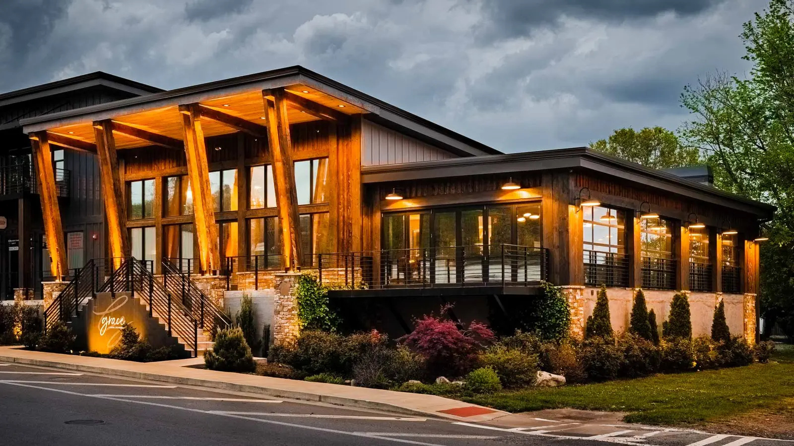 Grace Prime Steakhouse exterior at dusk in Blue Ridge