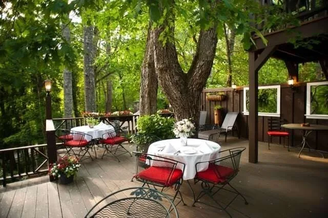 Wooded dining deck at Lake Rabun Hotel Restaurant