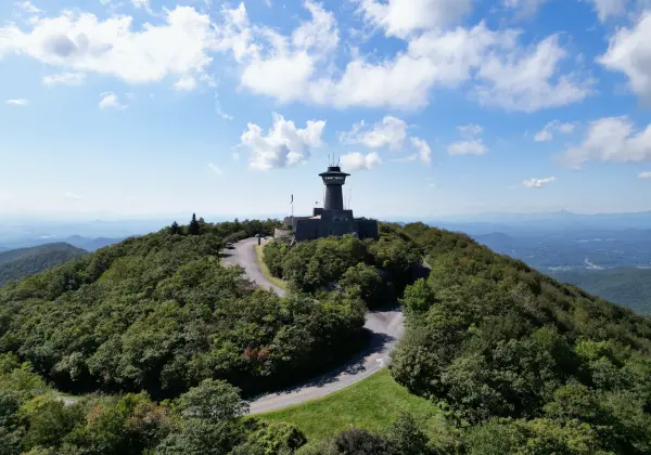 Aerial view of the Brasstown Bald summit observation tower and surrounding mountains