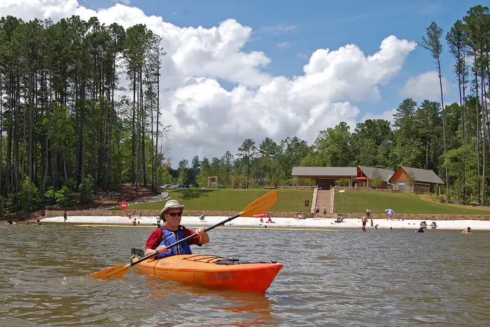 Kayaks at the beach launch at Don Carter State Park on Lake Lanier