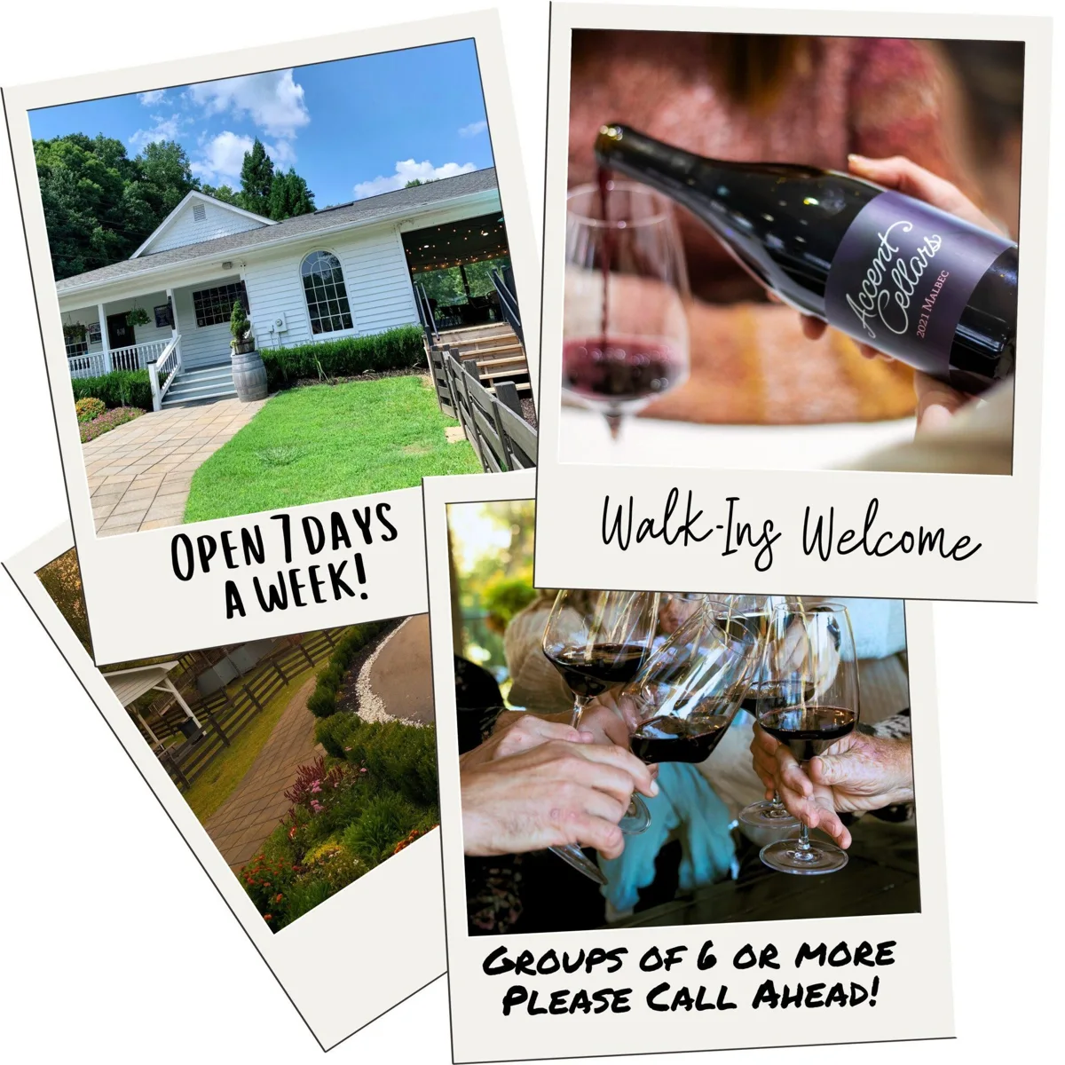 Official Accent Cellars collage showing the winery exterior and wine tasting