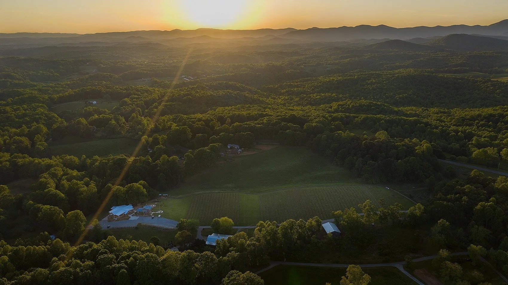 Aerial sunset over Cavender Creek vineyard