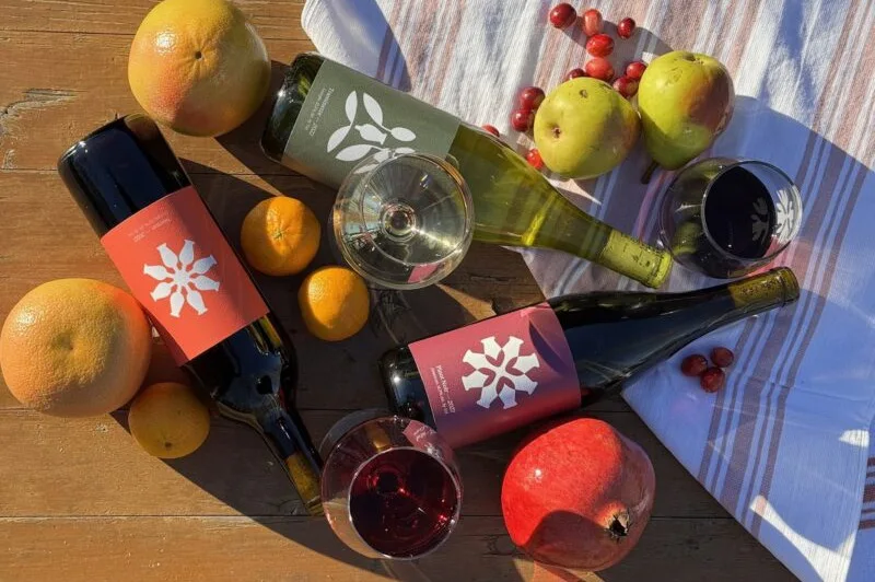 Doghobble wine bottles, glasses and fruit on a table
