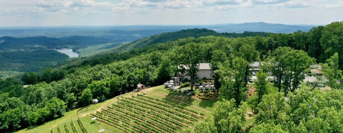 Aerial view of Fainting Goat vineyard and mountain ridges