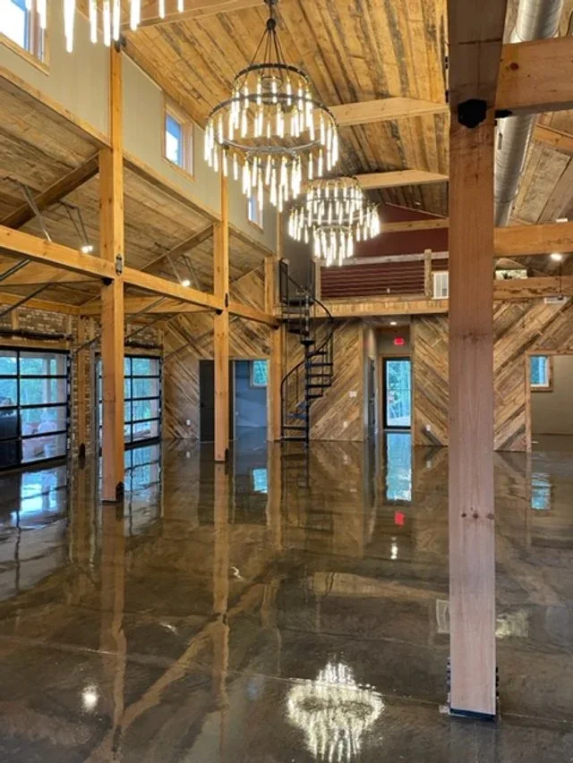 Timber beams and chandeliers in Living Water Winery tasting room