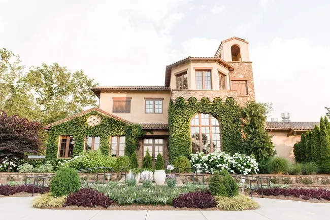 Tuscan-style Montaluce winery facade and garden