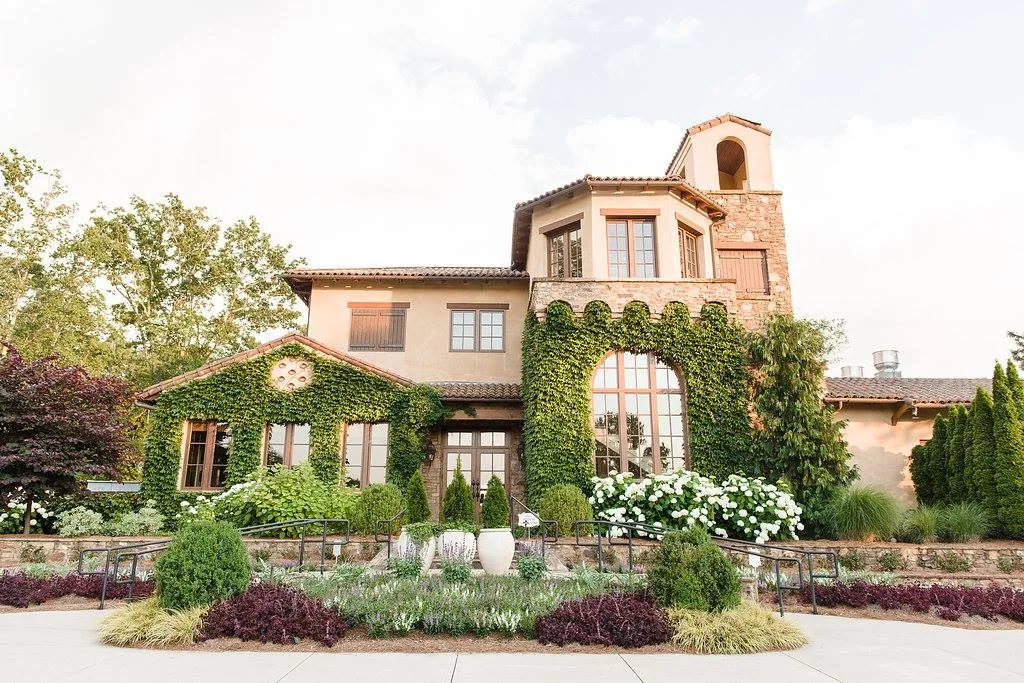 Tuscan-style Montaluce winery facade and garden