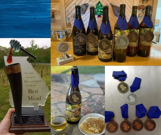 Tesnatee River wine and mead bottles with awards in an official photo collage