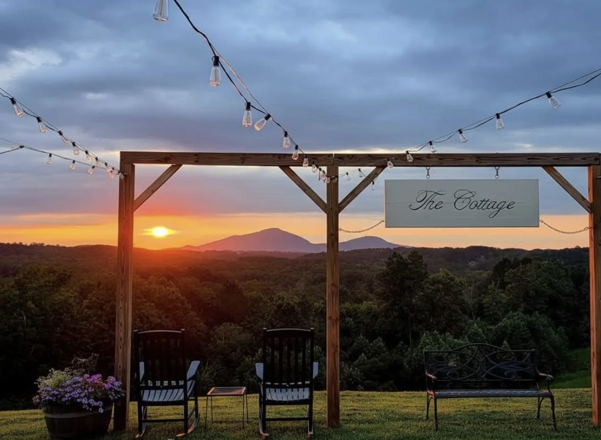 Sunset mountain view from The Cottage winery pergola