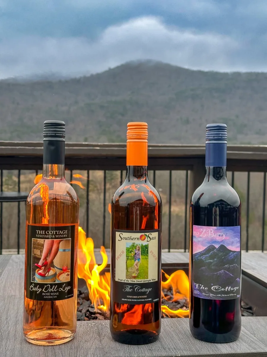 The Cottage wine bottles beside a fire pit