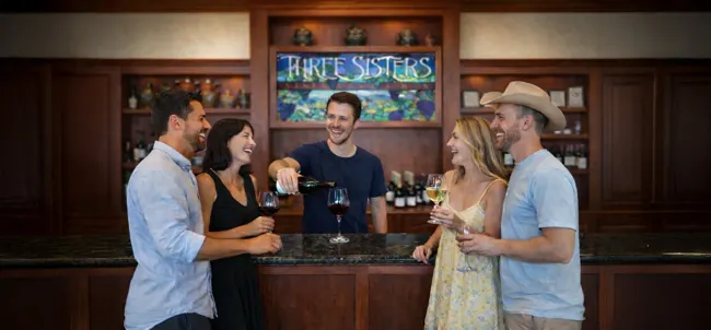 Guests tasting wine at the Three Sisters tasting-room bar