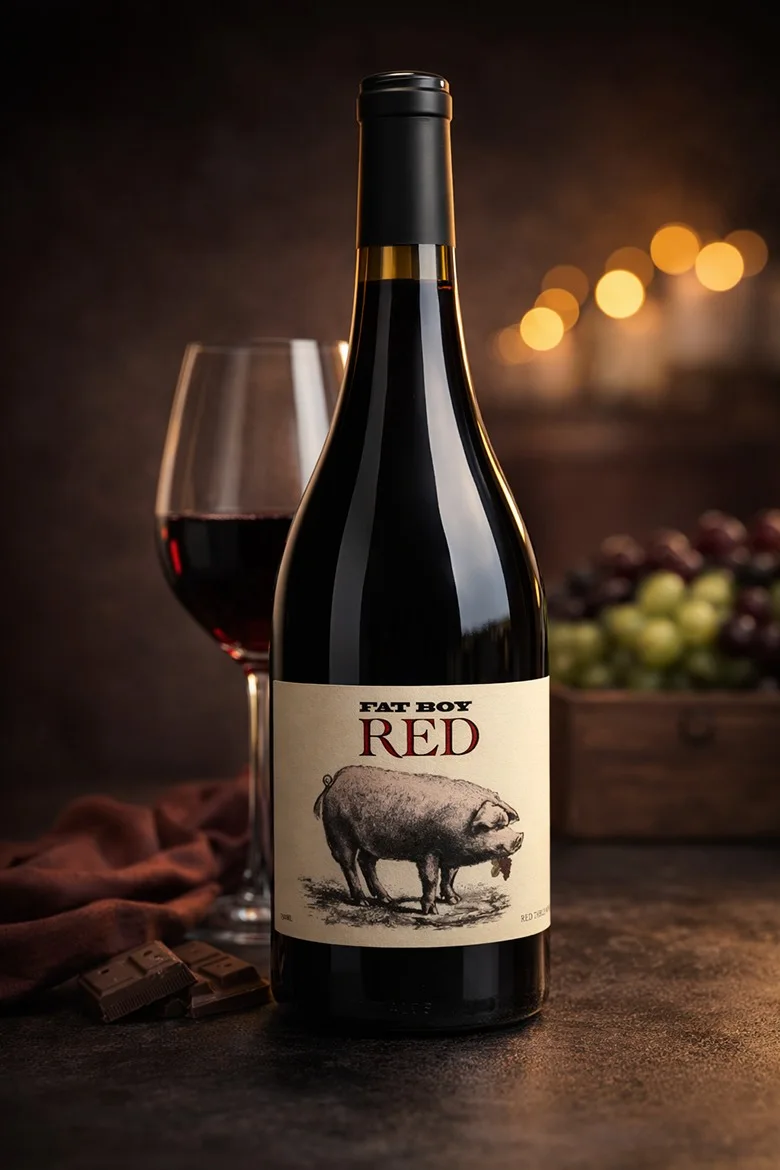 Three Sisters Fat Boy Red bottle with a glass of wine